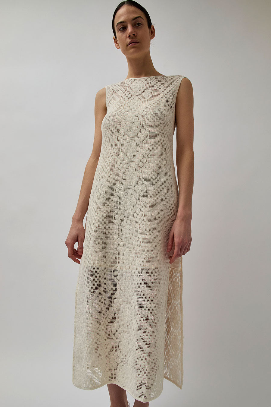 Cream Lace Tea Length Dress