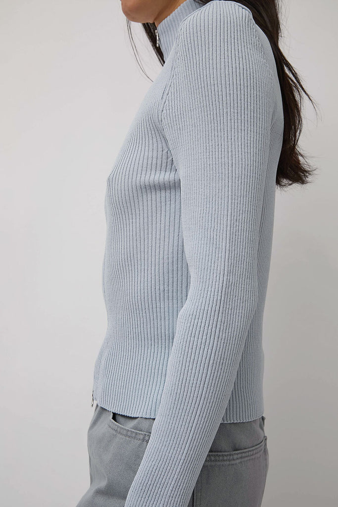 Amomento Ribbed Mock Neck Cardigan in Light Blue