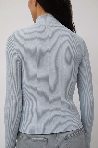 Amomento Ribbed Mock Neck Cardigan in Light Blue