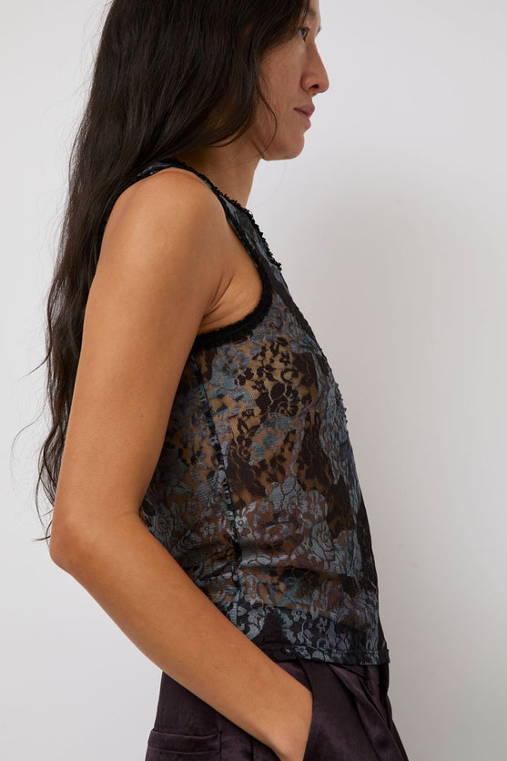 Collina Strada Lace Dachi Top in Black Watercolor Roses