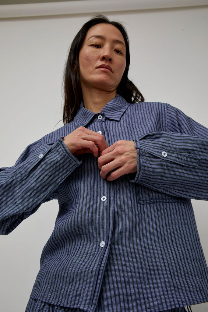Deiji Studios Double Placket Jacket in Azure Stripe – No.6 Store