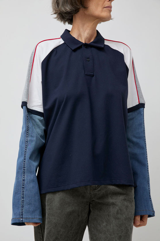 Façon Jacmin Tom Upcycling Long Sleeve Polo in Dark with Light Stripes