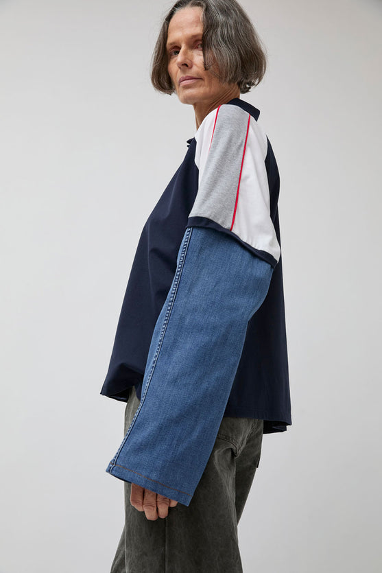 Façon Jacmin Tom Upcycling Long Sleeve Polo in Dark with Light Stripes