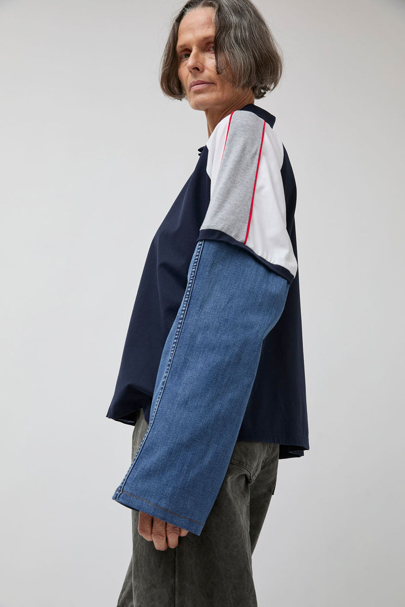 Façon Jacmin Tom Upcycling Long Sleeve Polo in Dark with Light Stripes