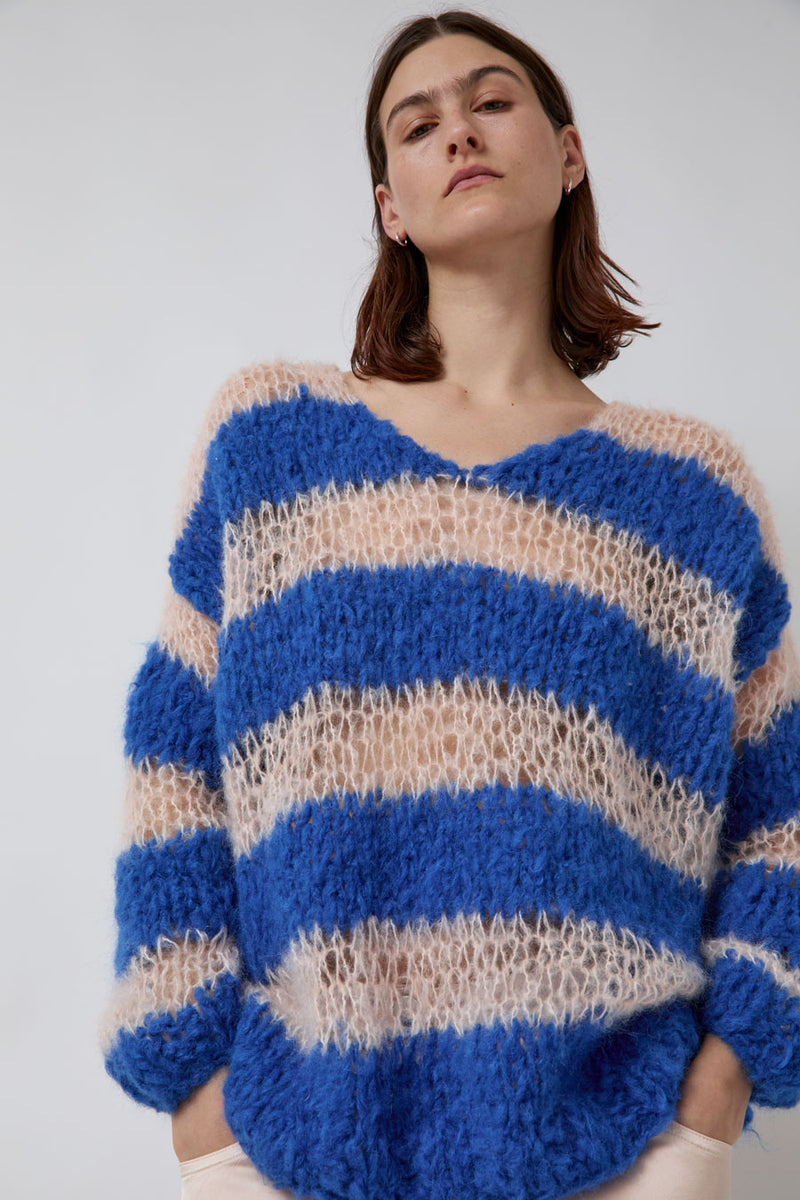 Guðrun & Guðrun Kavi Striped Sweater in Salmon and Blue Stripe