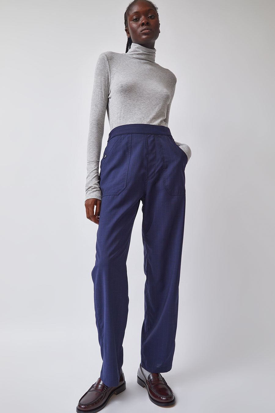 Heather Harlan Work Pant in Navy and White Pinstripe