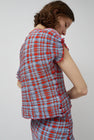 INSHADE Crimped Chiffon Short Sleeve Blouse in Grey and Orange Plaid
