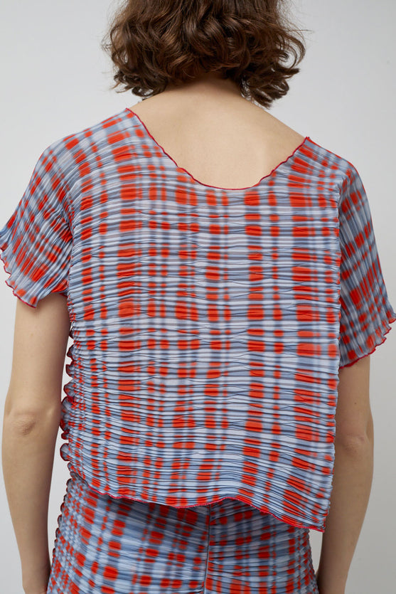 INSHADE Crimped Chiffon Short Sleeve Blouse in Grey and Orange Plaid
