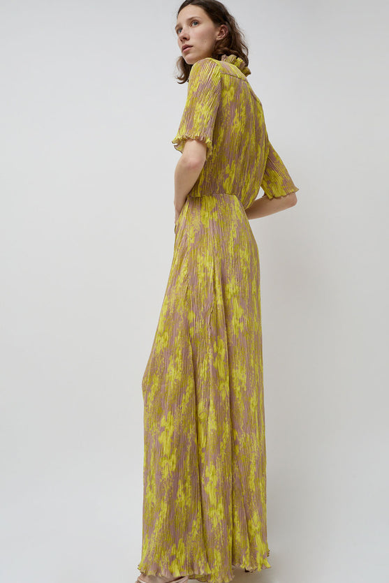 INSHADE Crimped Chiffon Short Sleeve Dress in Light Yellow Flowers