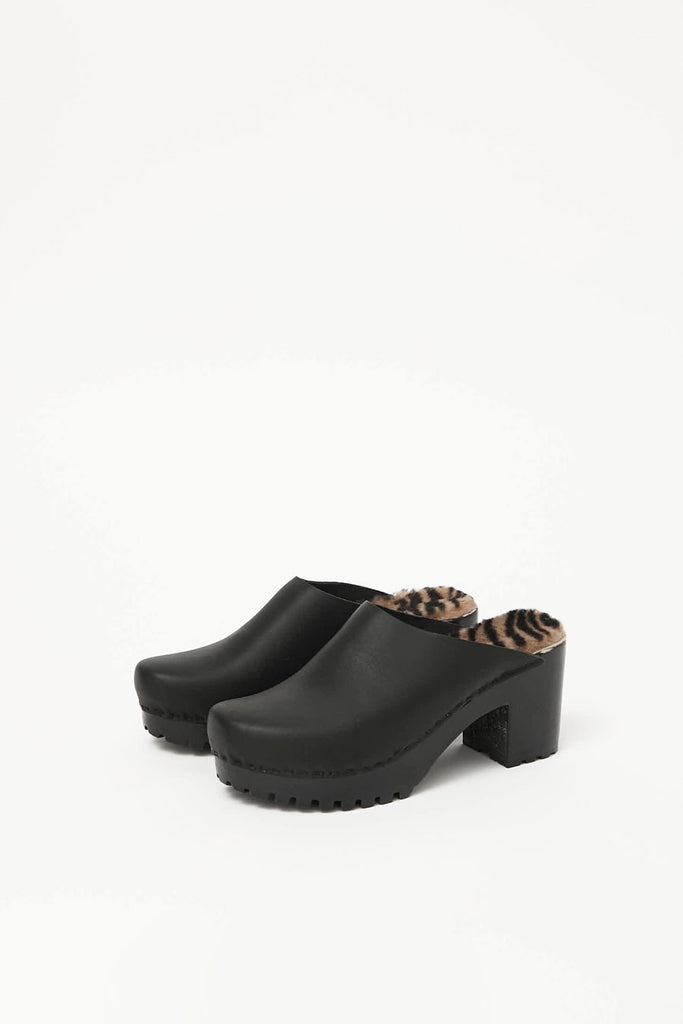 No.6 Liza Clog on Mid Tread in Black with Zebra Shearling on