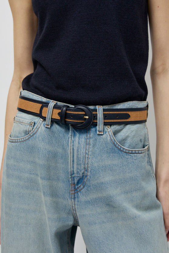 Maison Boinet Nappa and Linen Belt in Camel and Navy