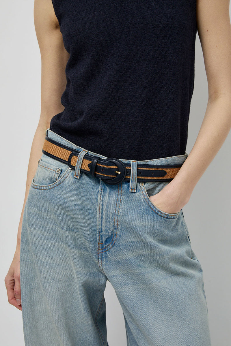 Maison Boinet Nappa and Linen Belt in Camel and Navy