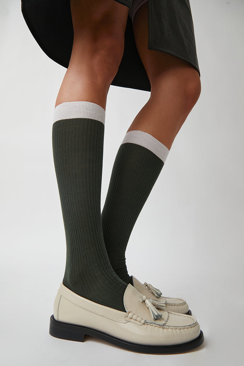 Maria La Rosa Knee High Banded Wool Socks in Olive