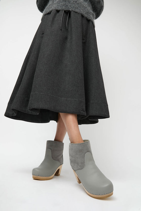 No.6 5" Pull on Shearling Clog Boot on High Heel in Storm and Light Grey