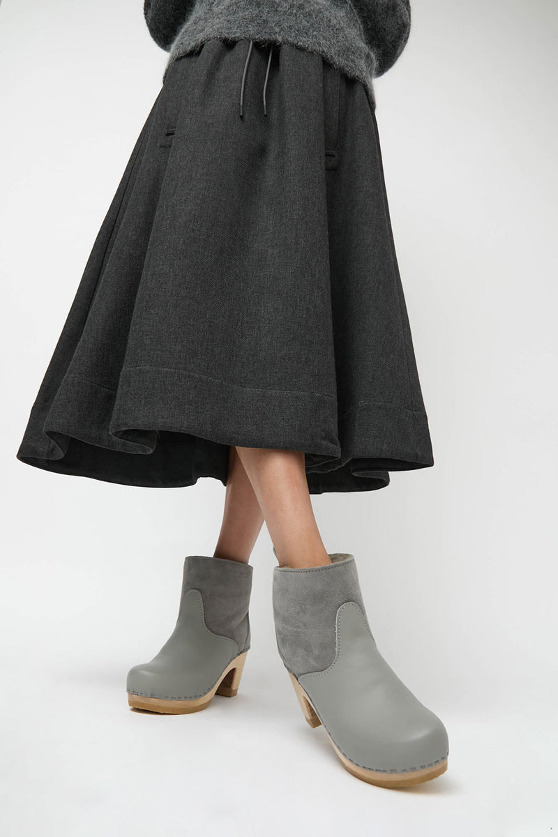 No.6 5" Pull on Shearling Clog Boot on High Heel in Storm and Light Grey