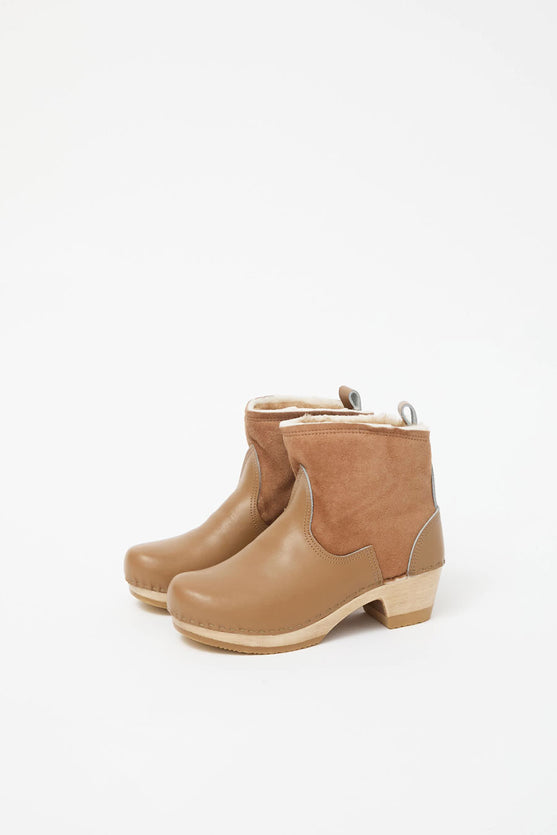 No.6 5" Pull on Shearling Clog Boot on Mid Heel in Natural and Khaki