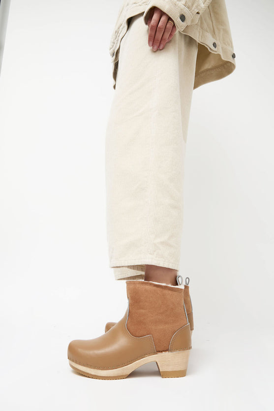 No.6 5" Pull on Shearling Clog Boot on Mid Heel in Natural and Khaki