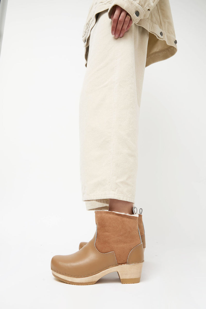 No.6 5" Pull on Shearling Clog Boot on Mid Heel in Natural and Khaki