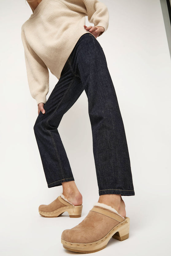 No.6 Dakota Shearling Clog on Mid Heel in Fawn Suede and Bone