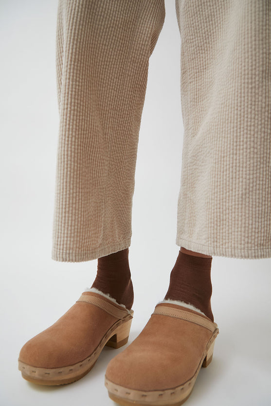 No.6 Dakota Shearling Clog on Mid Heel in Fawn Suede and Bone