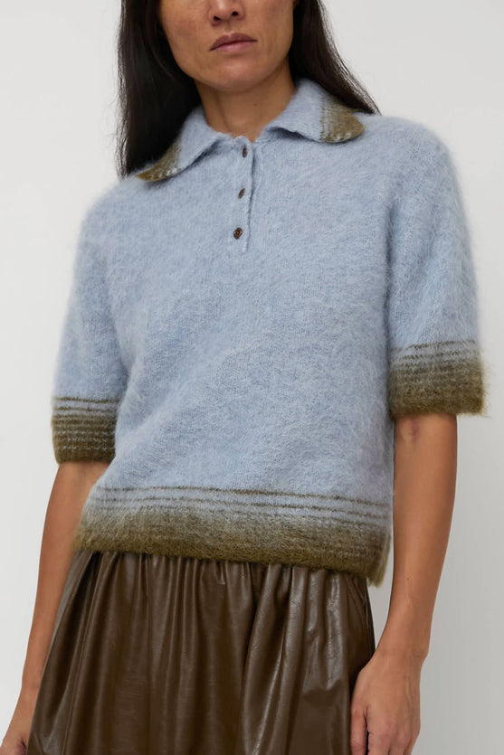 Sayaka Davis Compact Knit Polo in Baby Blue and Green