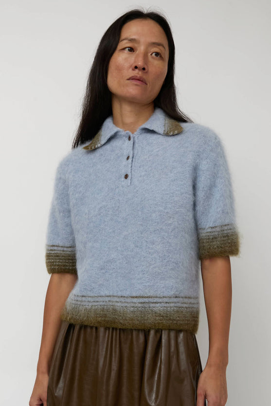 Sayaka Davis Compact Knit Polo in Baby Blue and Green
