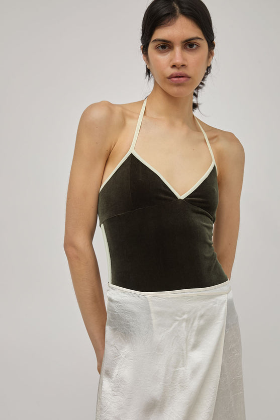 Simone Wild Belle Sport Bodysuit in Olive Velvet and Lemon Ribbon