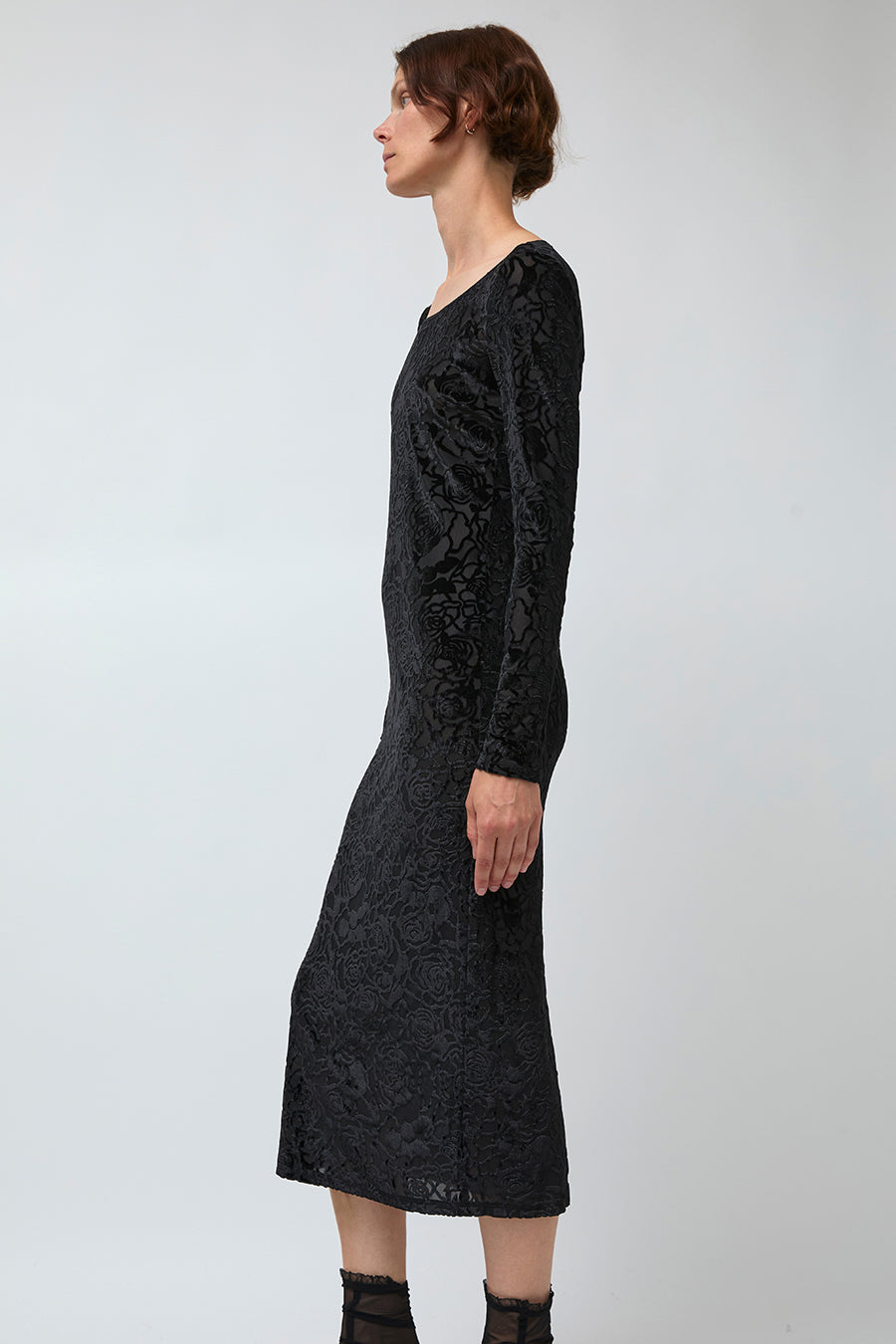 Simone Wild Rose Devore Long Sleeve Dress in Black