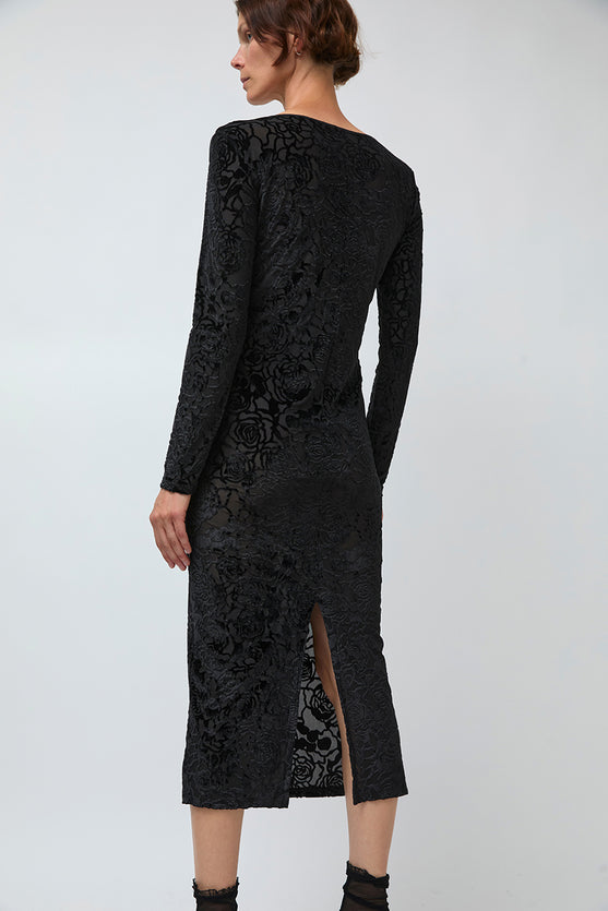 Simone Wild Rose Devore Long Sleeve Dress in Black