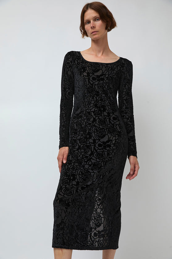 Simone Wild Rose Devore Long Sleeve Dress in Black