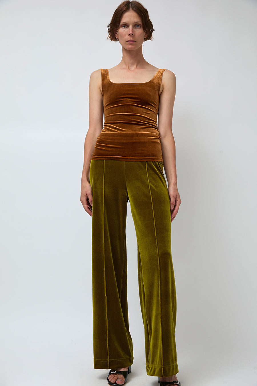 Simone Wild Velvet Topstitched Pants in Pear