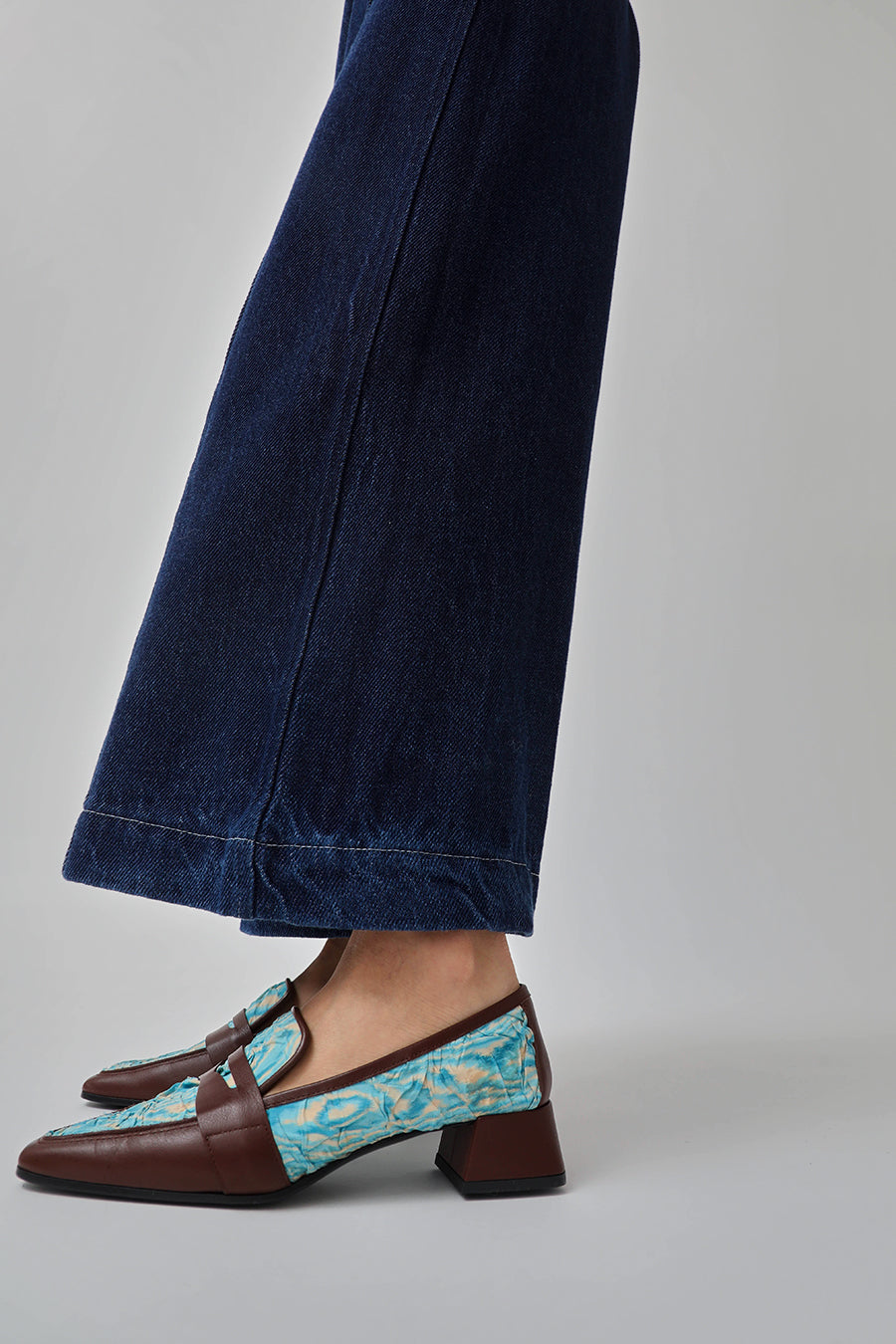 Suzanne Rae Pointed Loafer in Aqua Plissé and Sequoia Nappa