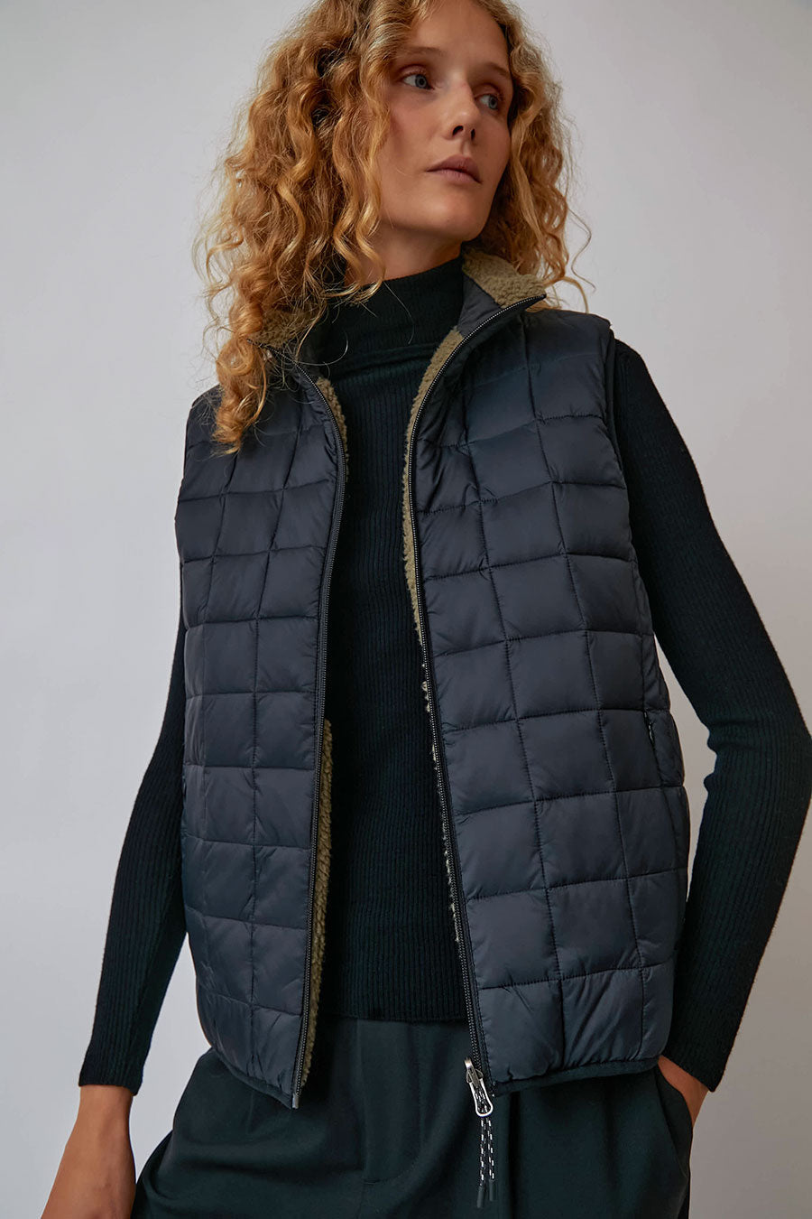 TAION Down x BOA Reversible Vest in Black with Beige Fleece