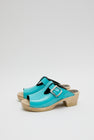 No.6 T Strap Clog on Mid Heel in Turquoise Patent