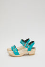 No.6 Two Strap Clog on Mid Heel in Turquoise Patent with Eyelets
