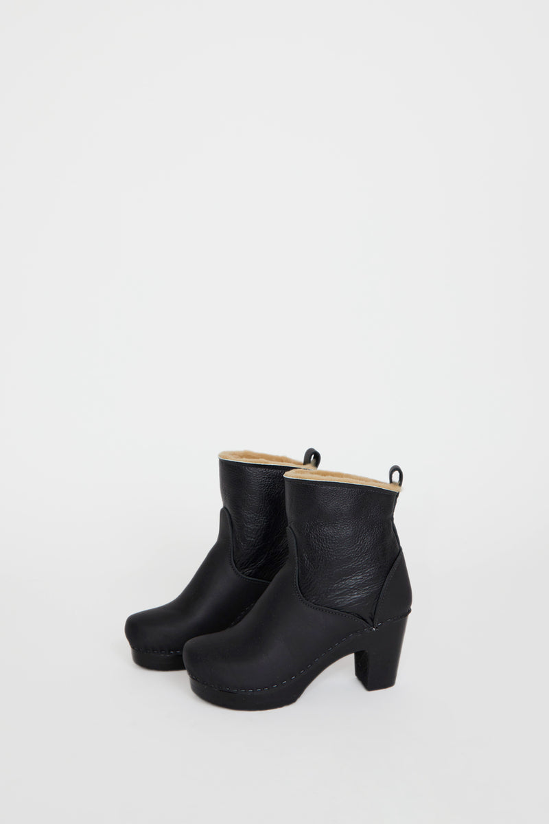 No.6 5" Pull On Shearling Clog Boot on High Heel in Ink Aviator on Black Base