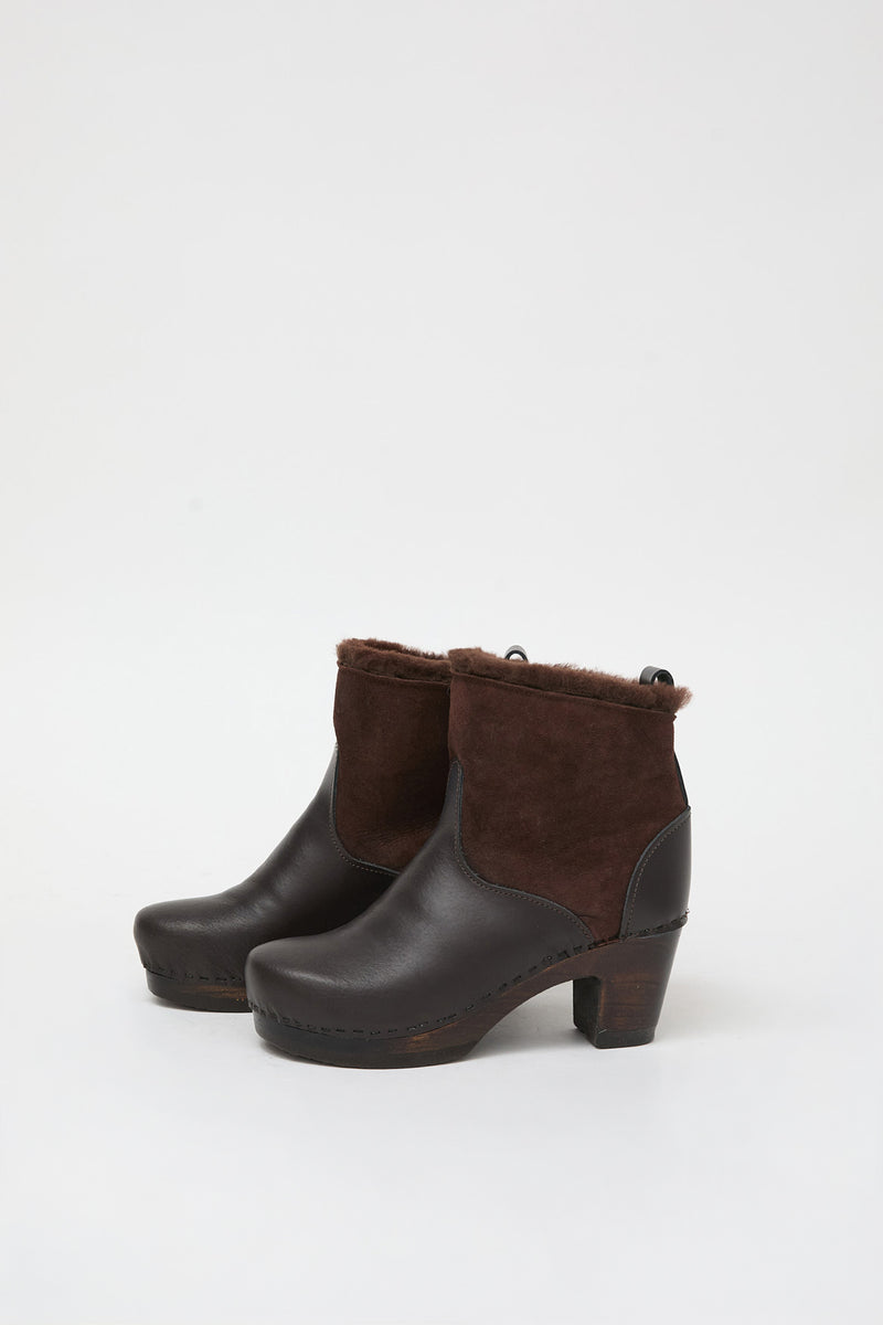 No.6 5" Pull on Shearling Clog Boot on High Heel in Umber on Cocoa Base