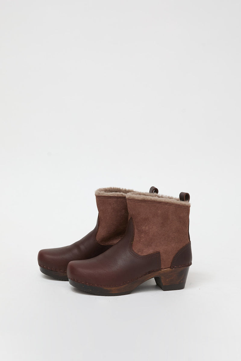 No.6 5" Pull on Shearling Clog Boot on Mid Heel in Molasses and Russet on Cocoa Base