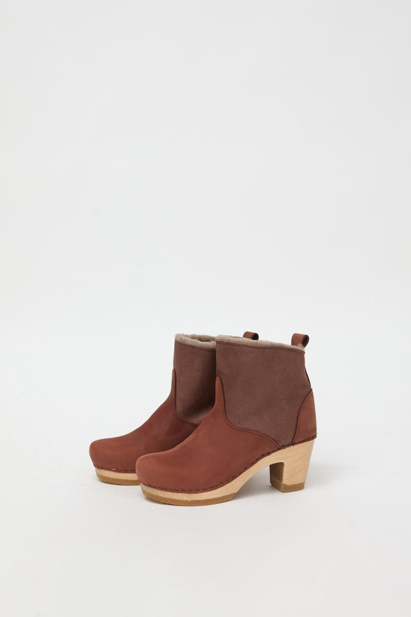 No.6 5" Pull on Shearling Clog Boot on High Heel in Russet