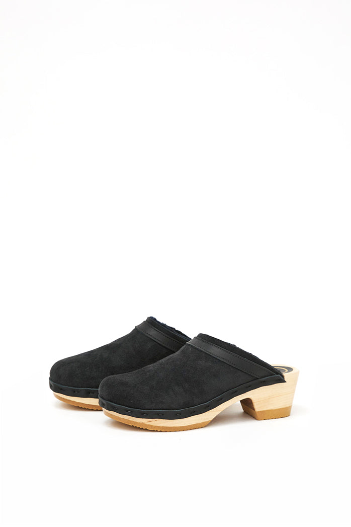 No.6 Dakota Shearling Clog on Mid Heel in Black Suede