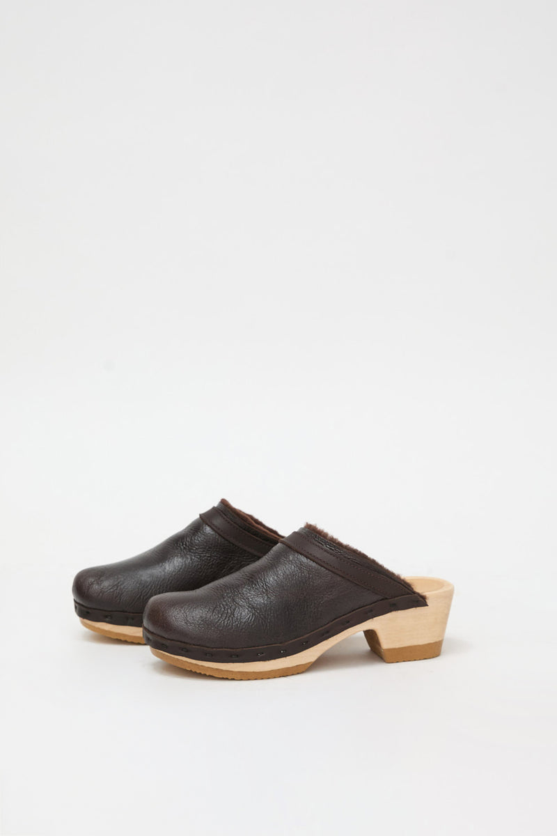 No.6 Dakota Shearling Clog on Mid Heel in Espresso