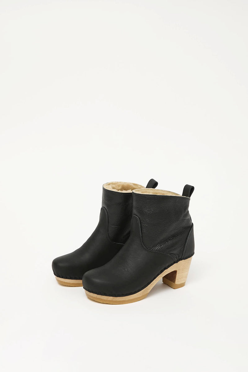 No.6 5" Pull On Shearling Clog Boot on High Heel in Ink Aviator