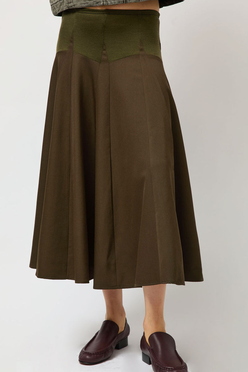 6397 Knit Combo Godet Skirt in Loden