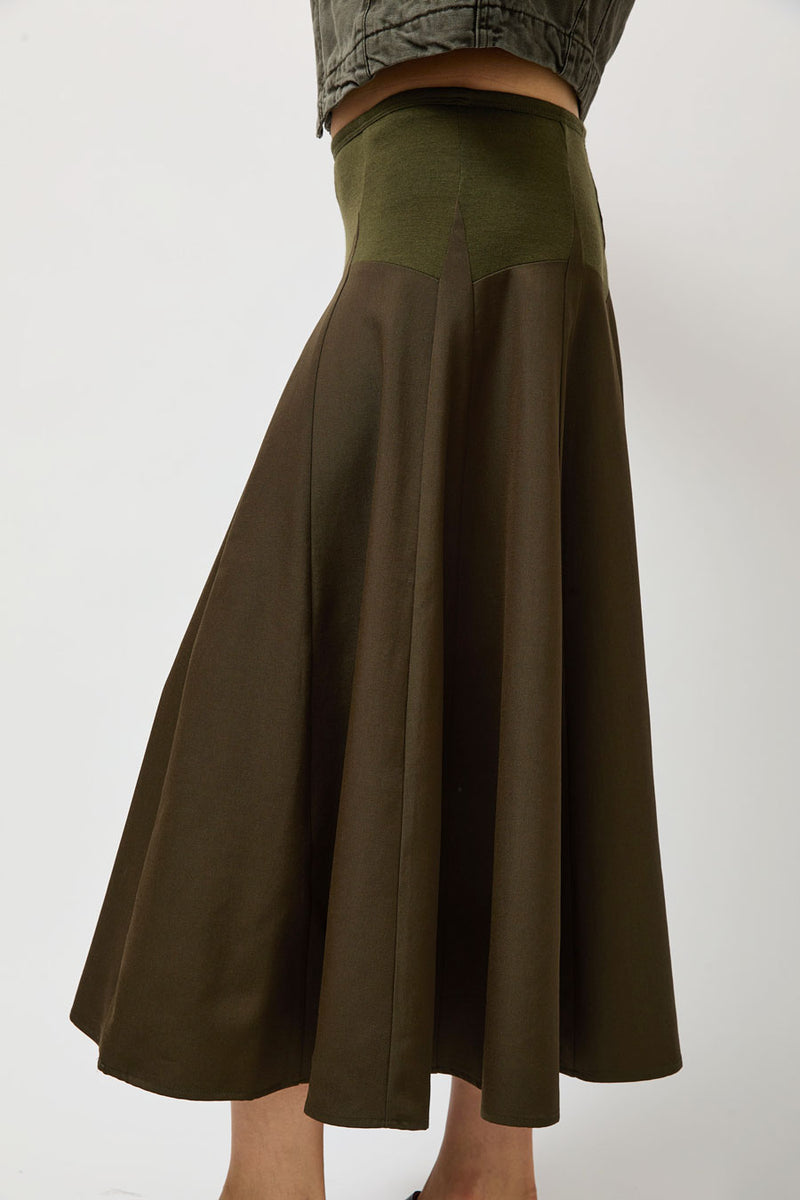 6397 Knit Combo Godet Skirt in Loden
