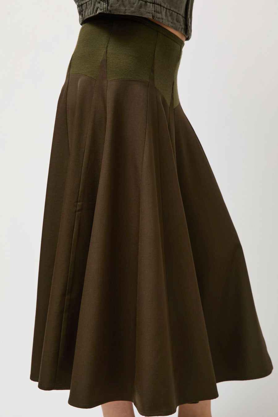 6397 Knit Combo Godet Skirt in Loden