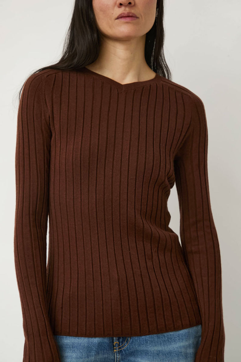 6397 Ribbed High V Sweater in Brown