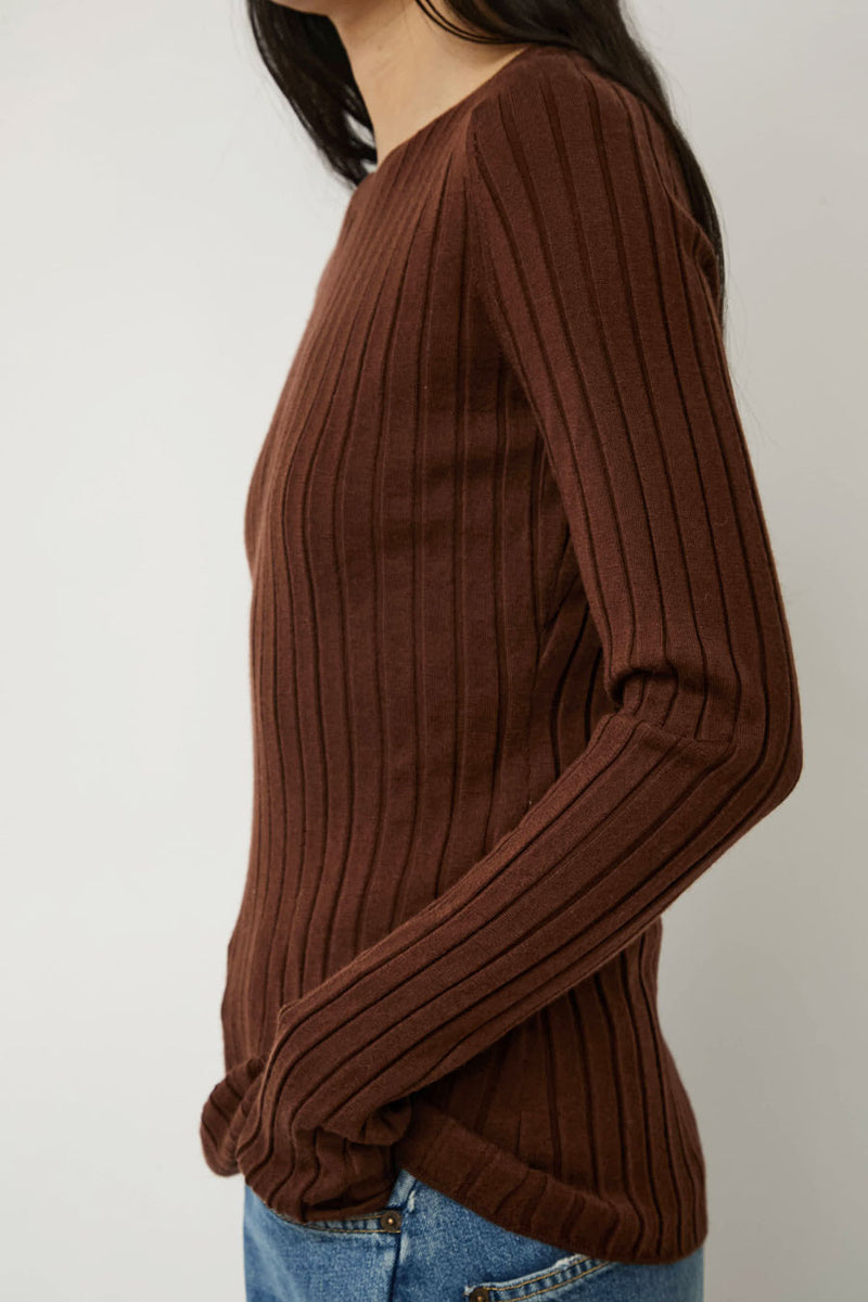 6397 Ribbed High V Sweater in Brown
