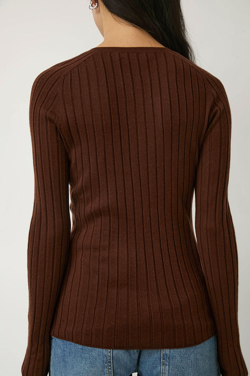 6397 Ribbed High V Sweater in Brown