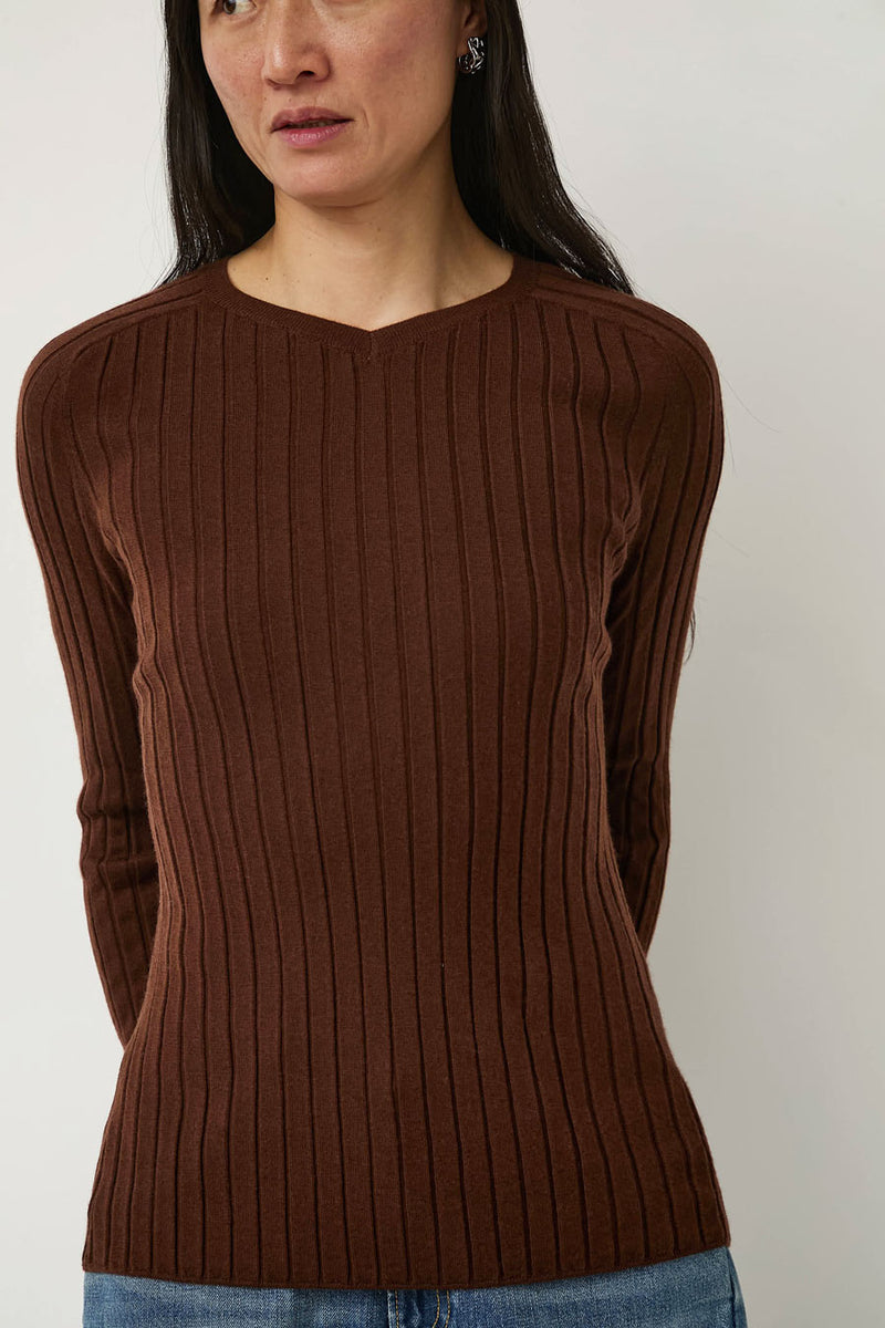 6397 Ribbed High V Sweater in Brown