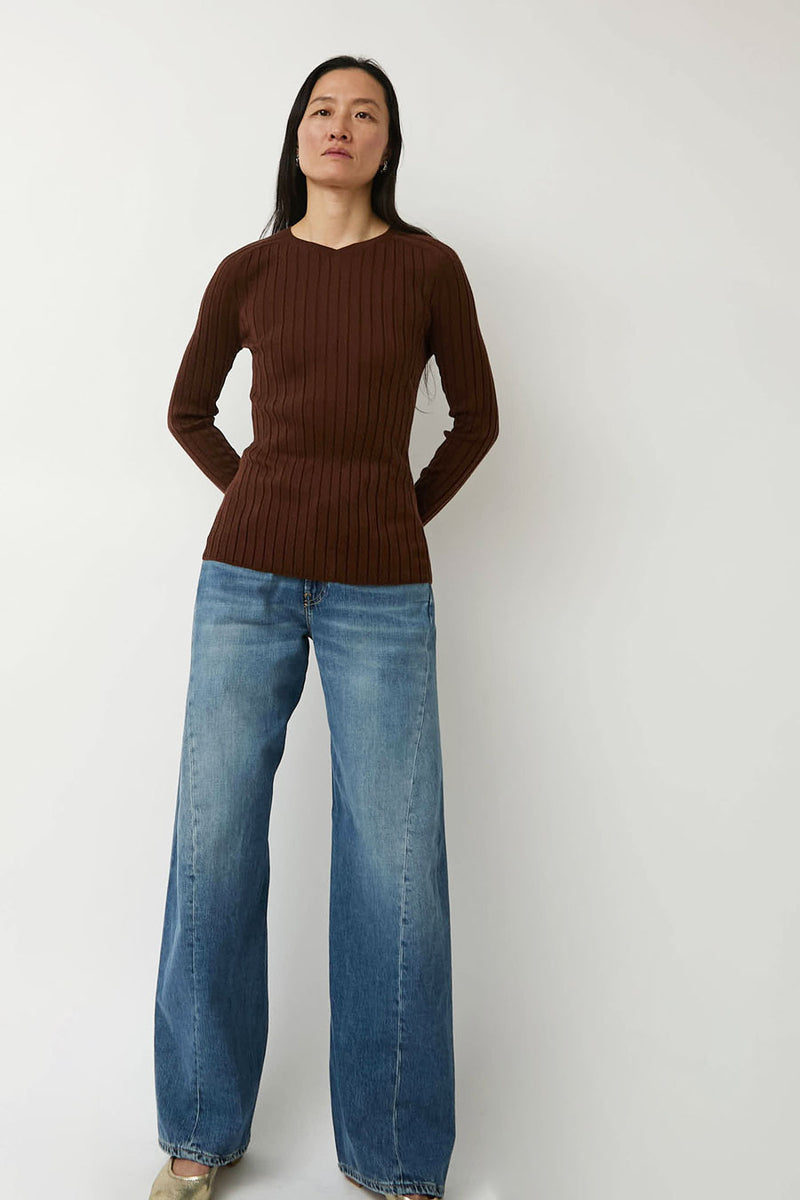 6397 Ribbed High V Sweater in Brown